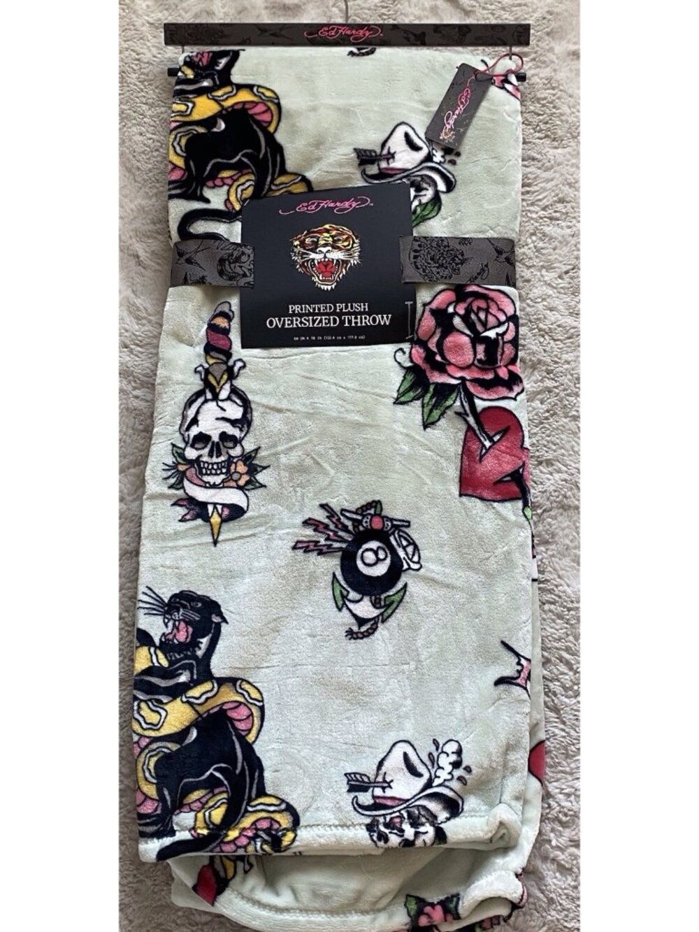 Ed Hardy Oversized Throw Blanket Green Roses Panther Snake Skull 60” X 70” NEW‎